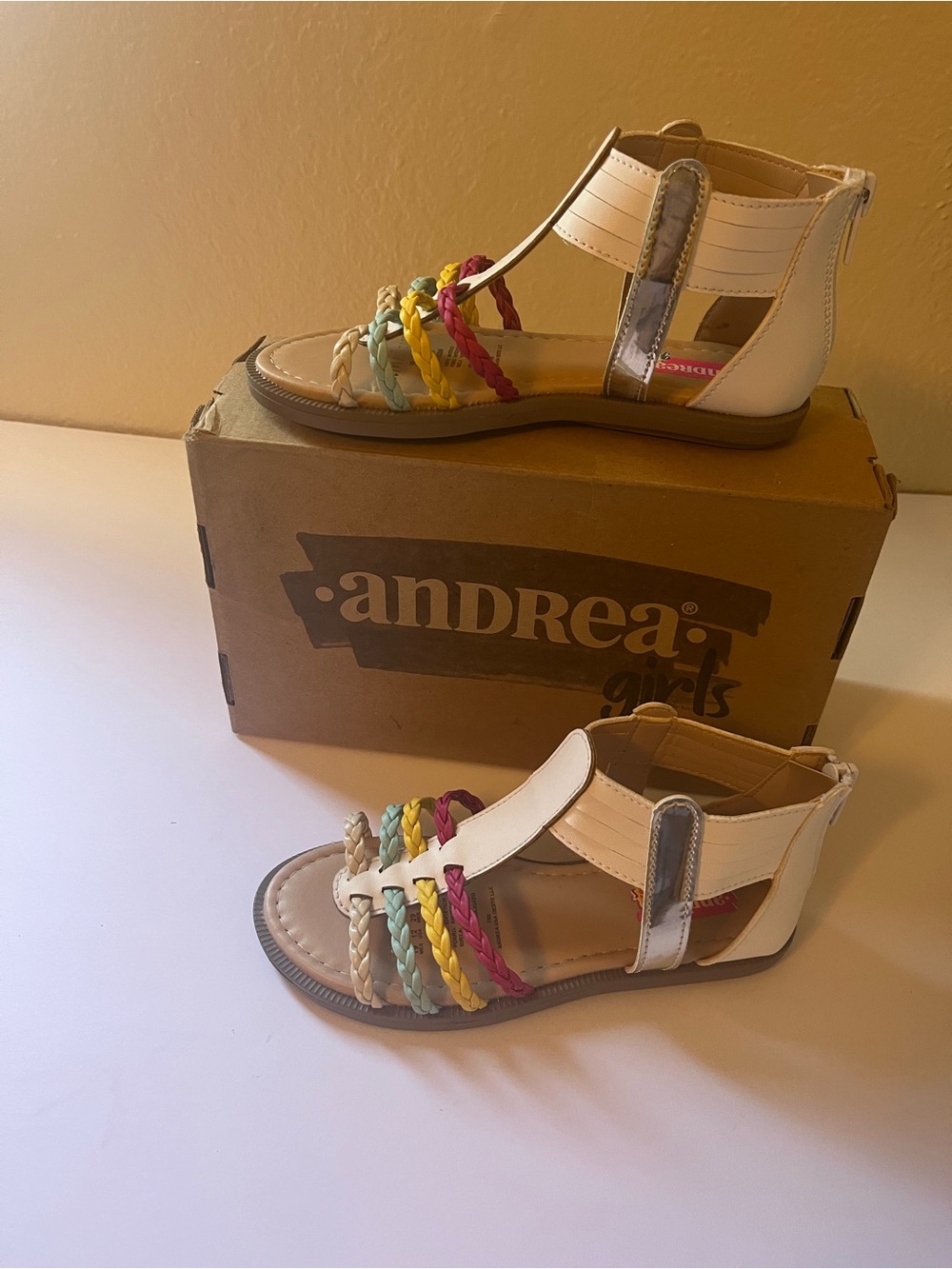 ANDREA FENZI White Girls Sandals with Pink Yellow Green Braided Straps